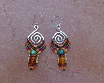 Sterling silver with citrine and turquoise and micro macrame earrings