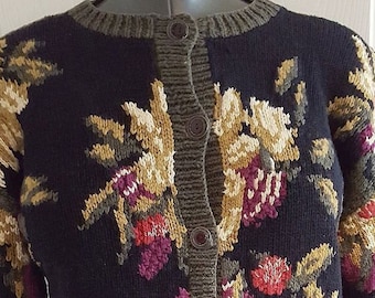 Vintage Robin Sinkler sweater woman's S/M cotton blend cardigan floral design