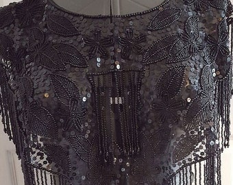 Black net black beaded vintage evening shawl leafy floral design