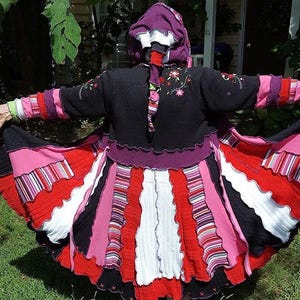 Floral embroidery of pink, red, purple, white on black refashioned sweaters hooded coat Katwise style women's Medium fairycore coat