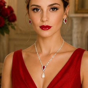 Vintage unworn pearl and ruby rhinestone necklace and earrings set simulated gemstones