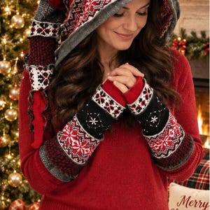 Handmade Christmas Pixie Hood and Matching Arm Warmers, Red and Black Fair Isle, Forest Green, Gold beads, Whimsical Winter Fantasy Wear