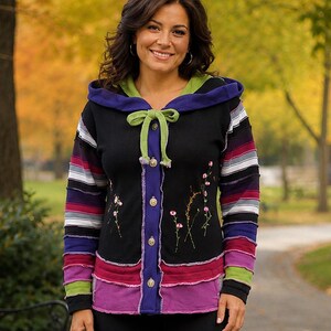 Fairycore hoodie in Black with Purple, Pink and Green embroidered refashioned sweaters women's Medium