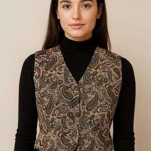 Vintage paisley design cotton corduroy cotton vest woman&#39;s M