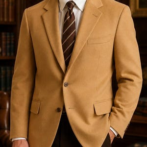 May include: A tan blazer with a notched lapel, two front buttons, and flap pockets, worn over a crisp white collared shirt and a brown striped necktie, paired with dark brown trousers, creating a structured and formal appearance.
