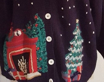 Vintage "Ugly Christmas Sweater" in black cotton with colorful festive embroidery, size XL ready to ship