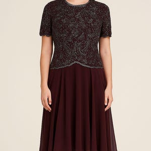 plus size beaded cocktail dresses Plus Size Flowy Beaded Applique Dress With Tulle Overlay main image 1