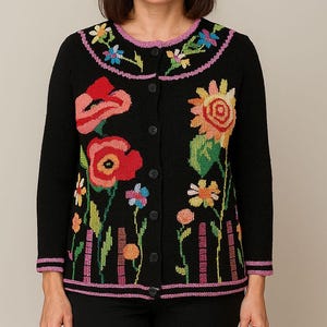 Vintage Storybook Knits embroidered floral sweater "Colorful Garden" woman's Small cotton cardigan