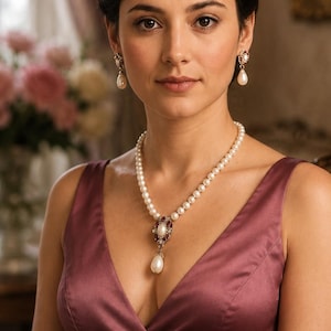 Vintage unworn pearl and rose colored rhinestone necklace and earrings set simulated gemstones