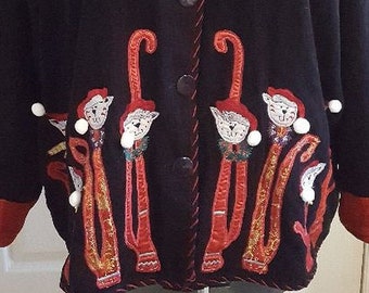 Vintage Cats Christmas Sweater in black cotton corduroy with colorful festive embroidery, plus size 3XL ready to ship