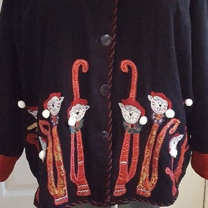 Vintage Cats Christmas Sweater in black cotton corduroy with colorful festive embroidery, plus size 3XL ready to ship image 1