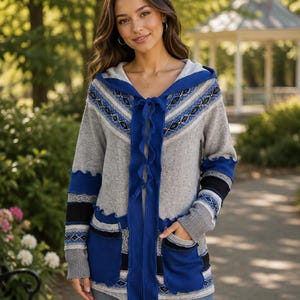 Refashioned Icelandic Hooded Sweater Jacket: Gray, Blue, Black - Small/Medium