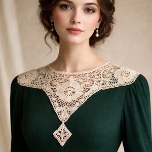 Antique Edwardian Irish Crochet Lace Neckline Inset – Large 16” Wide Floral Appliqué with Diamond Drop – c. 1900s
