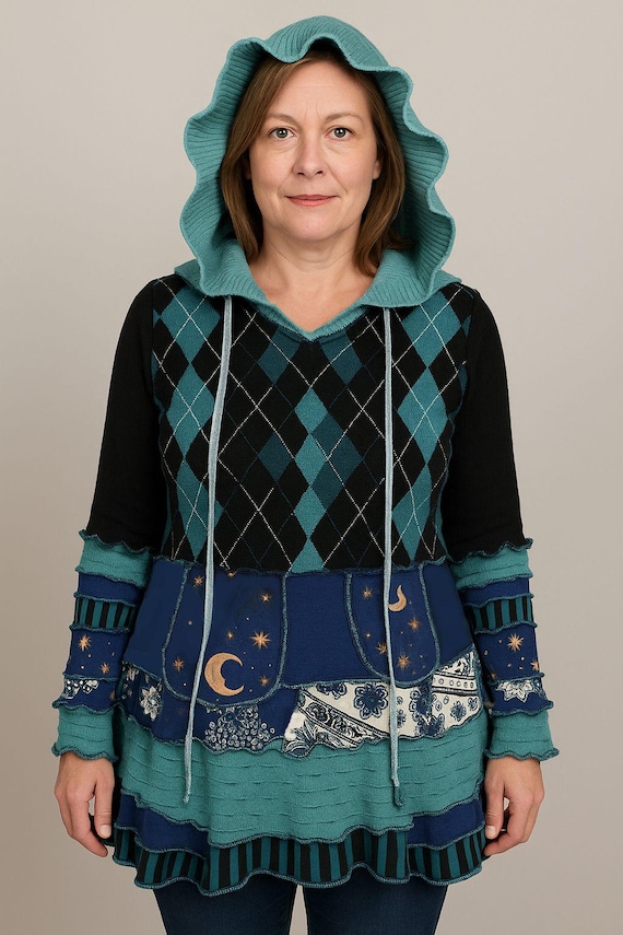 Women's hoodie or hooded sweater dress in turquoise, aqua and black women's  Small to Medium ready to ship