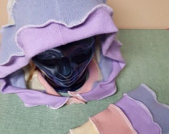 Matched cashmere set pastel shades elf hood with short tail and arm warmers