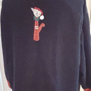 Vintage Cats Christmas Sweater in black cotton corduroy with colorful festive embroidery, plus size 3XL ready to ship image 2