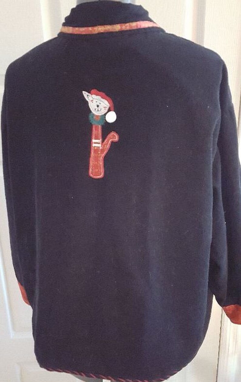 Vintage Cats Christmas Sweater in black cotton corduroy with colorful festive embroidery, plus size 3XL ready to ship image 2