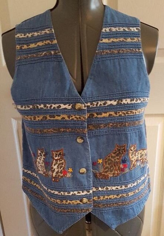 Cat lover vintage denim woman's vest size medium w