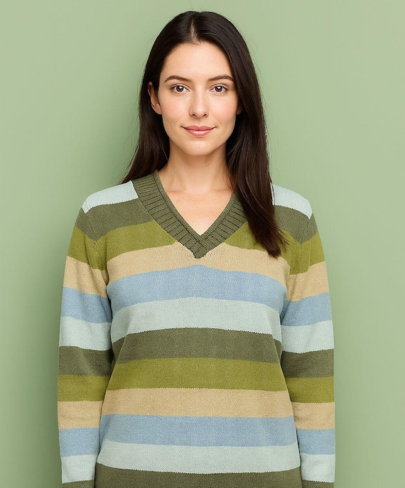 Vintage Liz Claiborne Green Striped Cotton Blend Pullover V  display picture 1