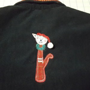 Vintage Cats Christmas Sweater in black cotton corduroy with colorful festive embroidery, plus size 3XL ready to ship image 5