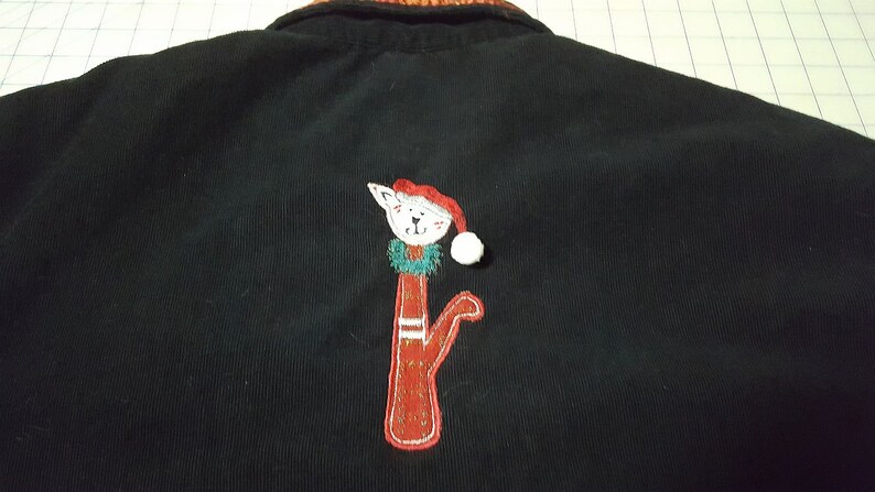 Vintage Cats Christmas Sweater in black cotton corduroy with colorful festive embroidery, plus size 3XL ready to ship image 5