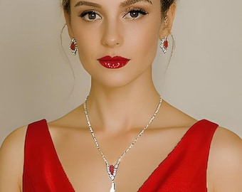 Vintage unworn pearl and ruby rhinestone necklace and earrings set simulated gemstones