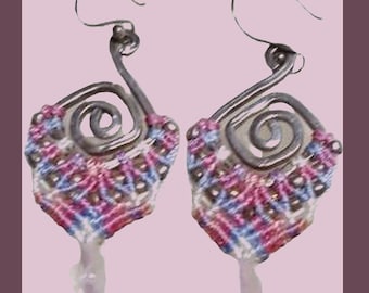 Sterling silver with pink quartz and micro macrame earrings