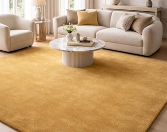 Solid Gold Hand-Tufted Wool Rug, Elegant Living Room Carpet