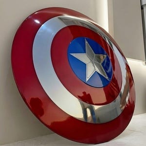 May include: A glossy, red, white, and blue shield with a silver star in the center. The shield has concentric circles of red, silver, and blue. A classic superhero accessory.