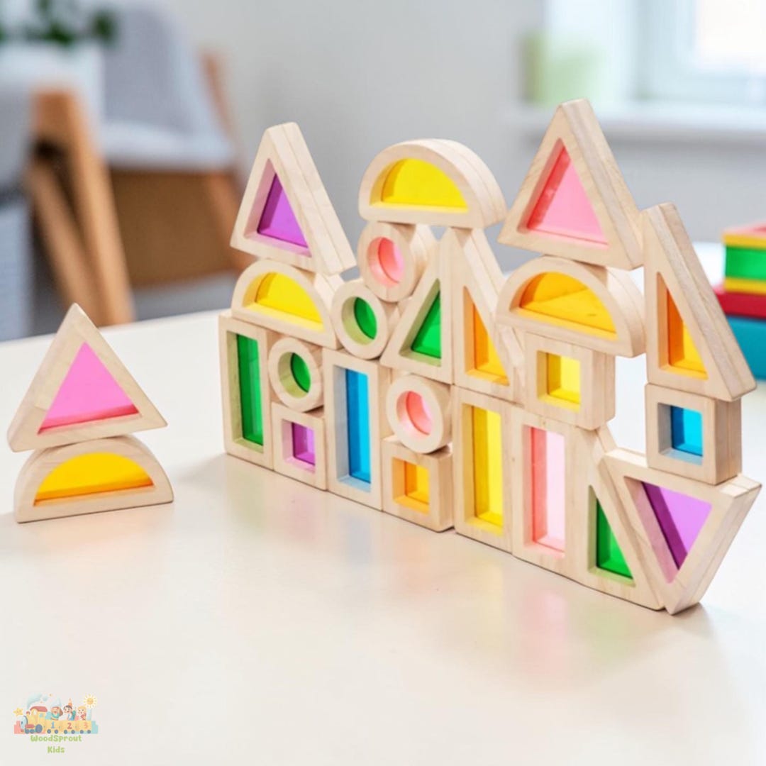 Kids Rainbow Wooden Blocks | Acrylic Shape Learning Transparent Light ...