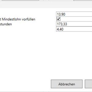 Può includere: Screenshot di una finestra di impostazioni con testo in tedesco. La finestra mostra le opzioni per il salario minimo, il salario orario, le ore mensili a tempo pieno e il costo giornaliero. I valori numerici sono visualizzati nei campi di input, con un segno di spunta accanto a un'opzione. I pulsanti 'Annulla' e 'Salva' sono visibili.