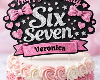 Editable Six Seven Cake Topper, Personalized 67 Birthday Cake Topper, Pink Black Silver Glitter Party Decor, Digital Template