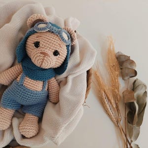 Puede incluir: Un oso de peluche de ganchillo hecho a mano con gorro de aviador azul, gafas, bufanda y peto. El oso es de color marrón claro con ojos negros y nariz marrón. Descansa sobre una manta color crema. Plantas secas en el fondo.