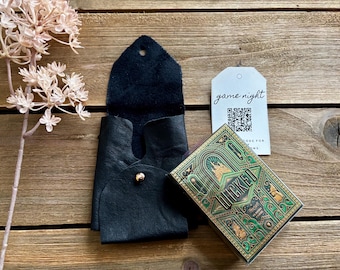 Handmade leather playing card case and new Wicked deck of cards