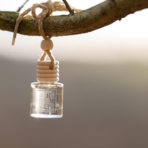 Può includere: Una piccola bottiglia di vetro trasparente con tappo in legno ed etichetta decorativa, sospesa a un ramo d'albero con uno spago naturale. La bottiglia contiene un liquido e l'etichetta riporta le lettere "R M".