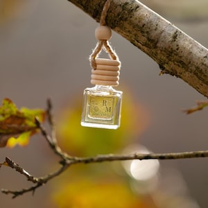 Può includere: Una piccola bottiglia di vetro trasparente con un tappo di legno e un cordino, sospesa a un ramo d'albero. La bottiglia contiene un liquido dorato e presenta le lettere "R M". Lo sfondo è sfocato con foglie autunnali.