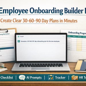 May include: An AI Employee Onboarding Builder Kit with the text "Create Clear 30-60-90 Day Plans in Minutes." The image shows a laptop, worksheets, and a progress tracker on a wooden desk. The laptop screen displays text.