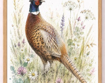 Pheasant Print | Pheasant Wall Art | Watercolour Pheasant Illustration | British Wildlife Decor | Wildlife Decor | Rustic Countryside Decor