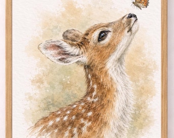 Watercolour Deer Print | Woodland Deer Wall Art | Nature Inspired Wildlife Illustration | Cottagecore Decor | Rustic Woodland Nursery Art