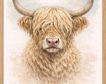 Estampado de vaca de las Tierras Altas / Arte animal estilo acuarela / Decoración rústica campestre / A4