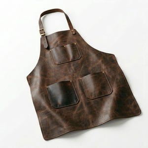 May include: A dark brown leather apron featuring a neck strap with a metal buckle, one small chest pocket, and two larger lower pockets. The leather has a visible grain and texture with reinforced metal rivets securing the pockets and straps.