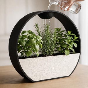 May include: A modern, circular planter with a black frame and a white textured base. The planter holds various green herbs, with water being poured from a glass pitcher. The design is contemporary and suitable for indoor use.