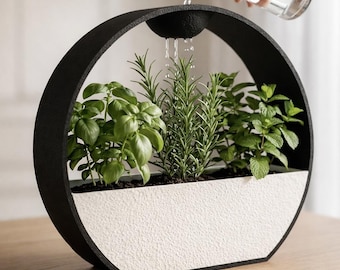 Self-Watering Indoor Herb Planter | Modern Circular Planter with Gravity Drip System | Minimalist Kitchen Garden