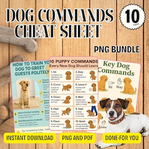 Op de afbeelding: Een digitale downloadbundel met spiekbriefjes voor hondentraining. De afbeelding bevat gidsen over commando's zoals "Zit", "Blijf" en "Voet", met illustraties van honden. De tekst luidt "Dog Commands Cheat Sheet" en "PNG Bundle."