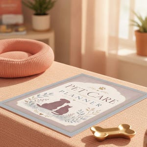 May include: A rectangular pet care planner with a light-coloured border, featuring the text PET CARE PLANNER in dark lettering. The design includes silhouettes of a dog and a cat, surrounded by botanical illustrations and a small paw print icon.
