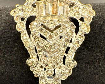 Art Deco Shield Dress Clip Silver Tone Metal Baguette Rhinestones 20s to 40s era