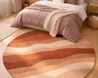 Hand-Tufted Wool Round Rug | Earth-Tone Wavy Abstract, Boho Style