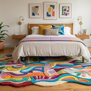 May include: A colorful, abstract rug with a unique, flowing design sits on a hardwood floor in a bedroom. The rug features a mix of bright colors, including blue, green, yellow, and red. A bed with a wooden frame and neutral bedding is in the background.