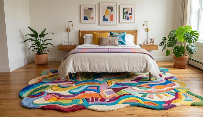 May include: A colorful, abstract rug with a unique, flowing design sits on a hardwood floor in a bedroom. The rug features a mix of bright colors, including blue, green, yellow, and red. A bed with a wooden frame and neutral bedding is in the background.