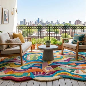 May include: An outdoor living space featuring a colorful, abstract rug with a variety of shapes and colors. Two wooden armchairs and a loveseat with cream-colored cushions are arranged on the rug. Potted plants and artwork complete the scene.